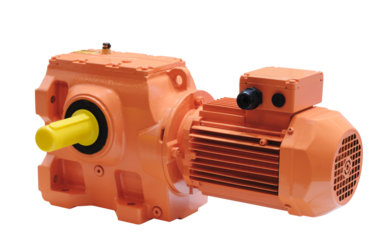 Orange electric motor with gearbox isolated on white transparent background. The motor is most likely used to power machines or other equipment.