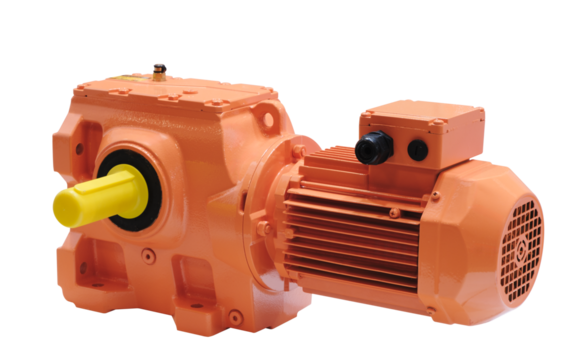 Orange electric motor with gearbox isolated on white transparent background. The motor is most likely used to power machines or other equipment.