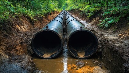 Underground utility pipes buried in a trench surrounded by greenery and mud