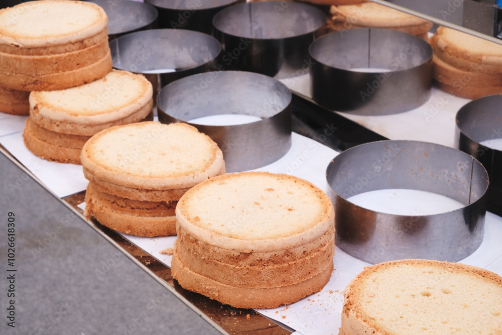 Poster a row of cakes with a silver pan in the middle. the cakes are stacked on top of each other