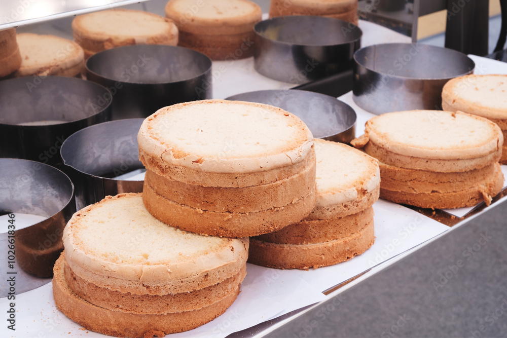 Aufkleber a row of cakes with a silver pan in the middle. the cakes are stacked on top of each other