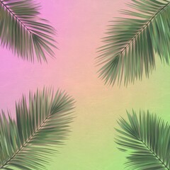 Fototapeta premium Tropical Palm Leaves Against a Soft Pastel Gradient Backdrop During a Summer Sunset