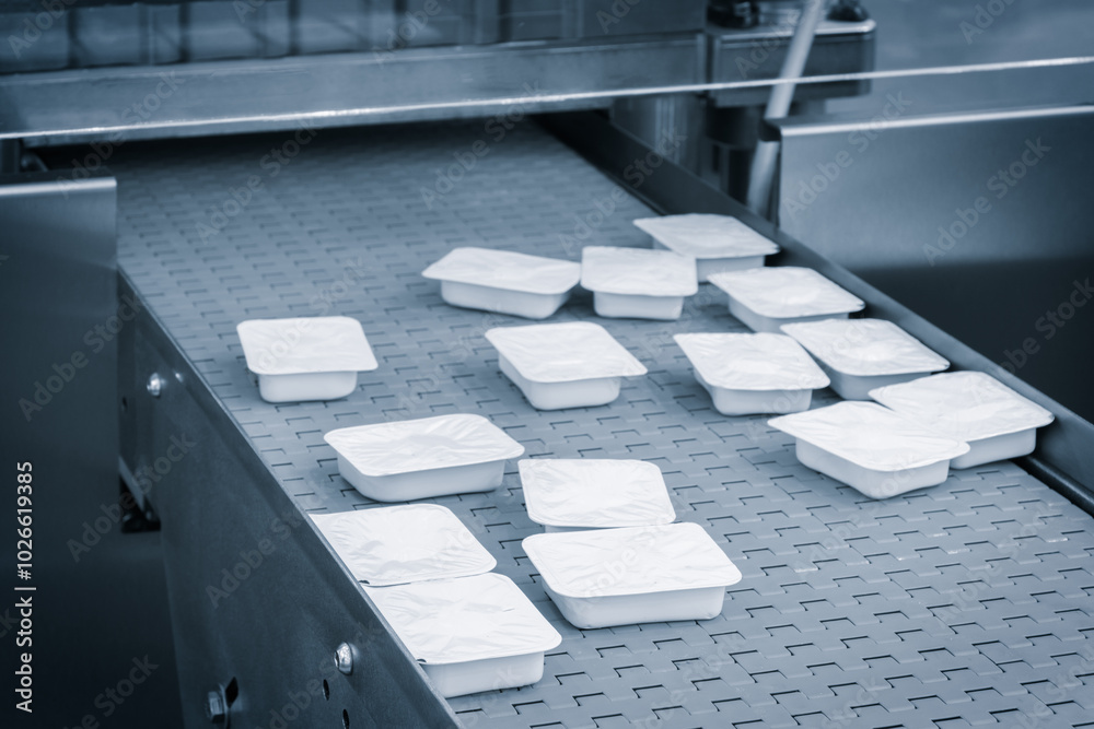 Poster a conveyor belt with plastic containers on it. the conveyor belt is moving and the containers are be