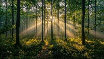 Obraz premium Morning light filters through trees in a serene forest landscape