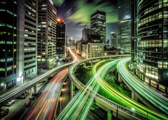Fototapeta premium Dynamic Neon Light Streaks Aerial Photography Background for Creative Projects