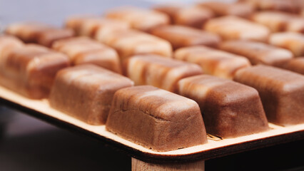 A tray of brownies sits on a wooden surface. The brownies are cut into small squares and arranged in a neat row. Concept of order and organization, as well as a focus on the delicious treats