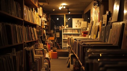 A dimly lit record store with shelves stacked high with vinyl records. The store is filled with the nostalgia of music and the thrill of finding hidden gems.