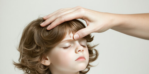 Naklejka premium A mother is touching the forehead of a sick child, checking the temperature. Autumn cold, flu, virus, rising temperature.
