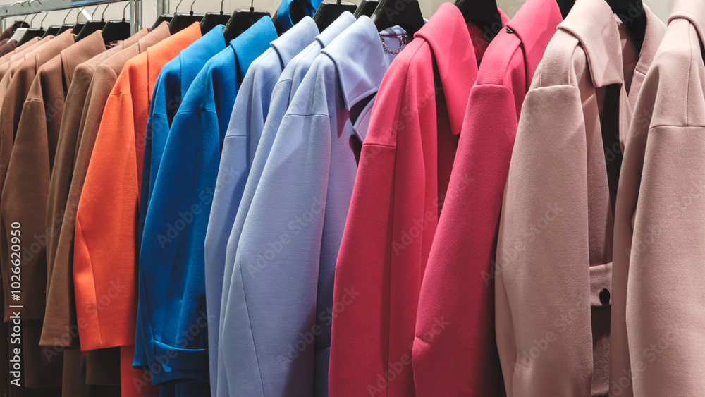 Fototapete a row of colorful fuzzy jackets are displayed. the jackets are of different colors and styles, and t