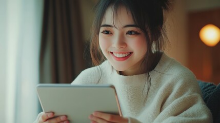 Cinematic Customer Support: Happy Girl with iPad for 24/7 Helpline Technician Service