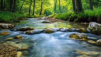 Natural river flowing through a lush green forest in serene 4k time lapse scenery