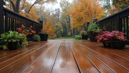 Sweeping the deck in autumn surrounded by colorful flowers and wet wood