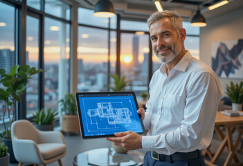 a photo of a businesswoman businessman executive architect holding tablet computer, showing an infographic on a tablet iPad, in a modern business office building