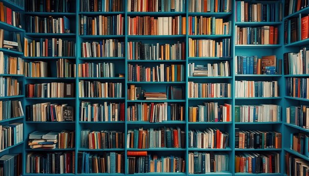 Dusting shelves in a bright blue bookshelf filled with neatly organized books