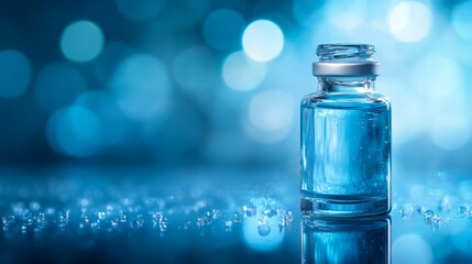 Glass Vial of Hope: A single glass vial filled with a clear liquid sits on a wet surface, reflecting the soft glow of blue lights in the background.