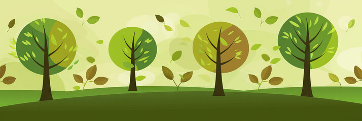 Green Grove Garden Scene: A nature-inspired green and brown abstract background for preschools, showcasing trees and leaves to create a serene and nurturing environment.