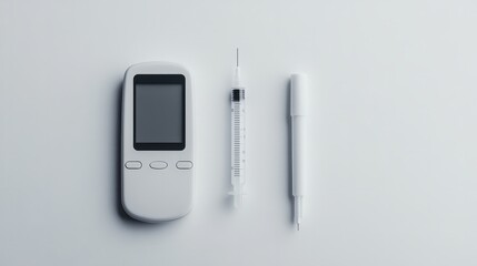 Blood glucose meter and insulin pen on white background with minimalist design, tools for diabetes management