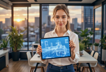 a photo of a businesswoman businessman executive architect holding tablet computer, showing an infographic on a tablet iPad, in a modern business office building