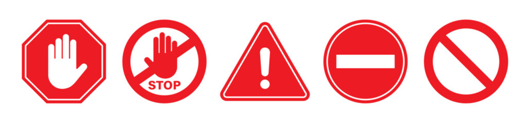 Obraz premium Stop, do not cross, ban, forbidden and alert icon set road safety sign board symbols in red and white color. Stop sign red color isolated. Vector stop hand sign vector illustration. 