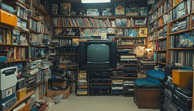 Organized movie collection displayed in a cozy, cluttered room filled with shelves
