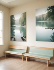 Modern design pale color waiting Room, nature landscape artwork on One of the walls