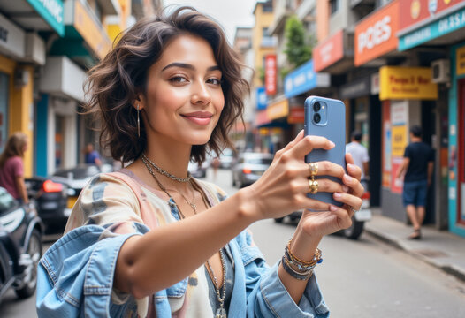 a photo of a blogger influencer geenz, texting on cell phone, taking a photo picture selfie on a mobile phone, young lifestyle tourist 