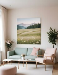Modern design pale color waiting Room, nature landscape artwork on One of the walls