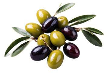 green and black olives with leaves cut out isolated