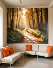 Modern design pale color waiting Room, nature landscape artwork on One of the walls