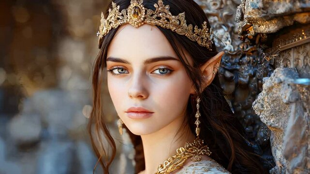 close up face portrait of pretty elf princess wearing gold tiara 