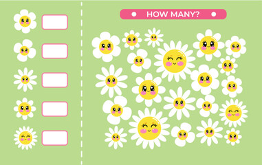 Vector counting game for kids. How many objects task with flowers, daisy, chamomile. Learning mathematics, numbers, addition practice. Math kids activity sheet. Educational children illustration game