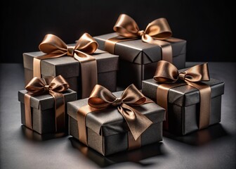 Elegant Dark Gift Boxes with Satin Ribbons on Black Background for Holiday Celebrations