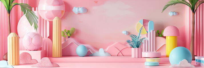 Pastel Pink School Scene: A soft pastel pink background for pre-kindergarten classrooms, showcasing...