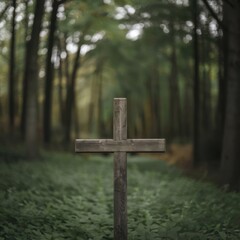 A Wooden Cross Stands in a Serene Forest Surrounded by Lush Green Foliage in the Early Morning Light