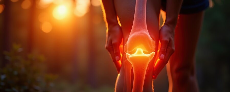 A close-up of hands holding a knee, highlighting joint health. Perfect for medical, fitness, or wellness content focusing on rehabilitation and injury prevention.