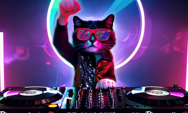 dj at the party, cat in the club, the cat dj is playing music