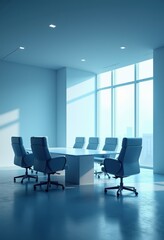 Modern conference room with sleek design, featuring a large table and ergonomic chairs, ideal for meetings, presentations, and collaborative work.