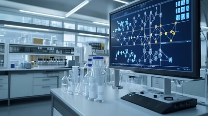 An advanced chemistry facility with interactive holograms for visualizing chemical reaction pathways