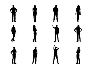 Set of Back View of People Silhouette in various poses isolated on white background