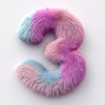 3D number 3 with colored furr texture realistic modern design, soft lighting, white background 