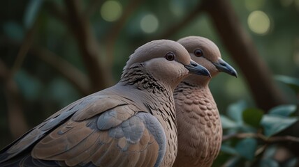 Fototapeta premium Two doves perched on a branch, looking to the right with a blurred green foliage background.