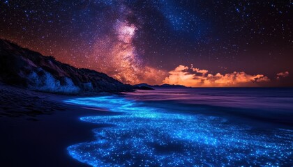 Fototapeta premium Northern lights dance above a glowing coastline under a starry night sky