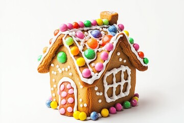 Christmas gingerbread house cookie on white background