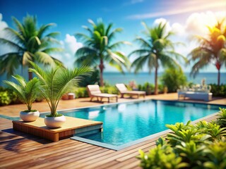 Fototapeta premium Elegant swimming pool shimmering under palm shadows, showcasing a refreshing summer atmosphere. Bright turquoise water reflects the sun, creating a