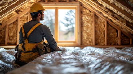 Construction worker thermally insulating eco wooden frame house