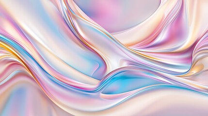 A dynamic abstract design with swirling, liquid-like shapes and shimmering iridescent hues, creating a soft, metallic effect with rainbow-colored reflections.