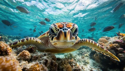 A sea turtle glides gracefully above colorful coral reefs in tropical waters