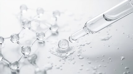 Glycolic acid serum in dropper on white background, molecular structure for skin exfoliation.