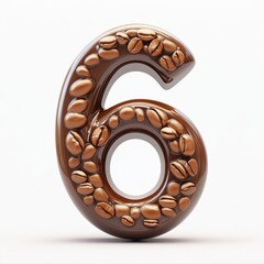 3D number 6 with coffee texture realistic modern design, soft lighting, white background 