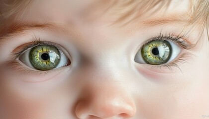 Naklejka premium A heartwarming image of a baby's green eyes focused upward, the close-up highlighting the depth and brightness of the eyes, creating a sense of innocence and wonder.